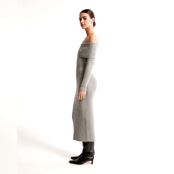 ABERCROMBIE GRAY KNIT OFF SHOULDER MIDI DRESS WINTER HOLIDAY GIFT ROMANTIC  L - Picture 4 of 10
